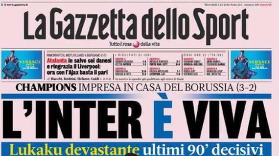 La Gazzetta dello Sport in apertura: "L'Inter è viva"