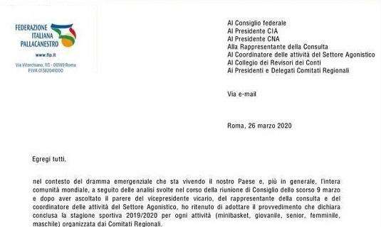 Federazione Italiana Pallacanestro, il presidente Petrucci dichiara chiusa la stagione 2019/2020