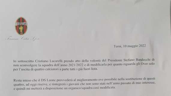 La lettera d'intenti sottoscritta da Lucarelli a maggio 2022.
