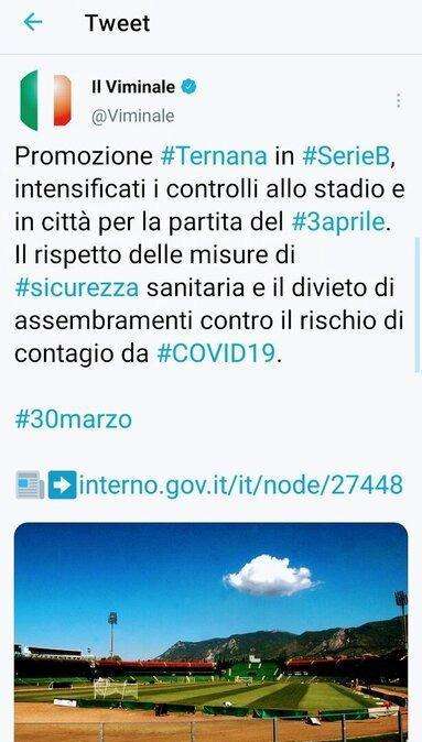 Ternana-Avellino e la possibile festa finisce sull'account de Il Viminale