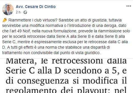 Cesare Di Cintio: "Riammettere i virtuosi in C sarebbe atto di giustizia. Ma non è previsto"