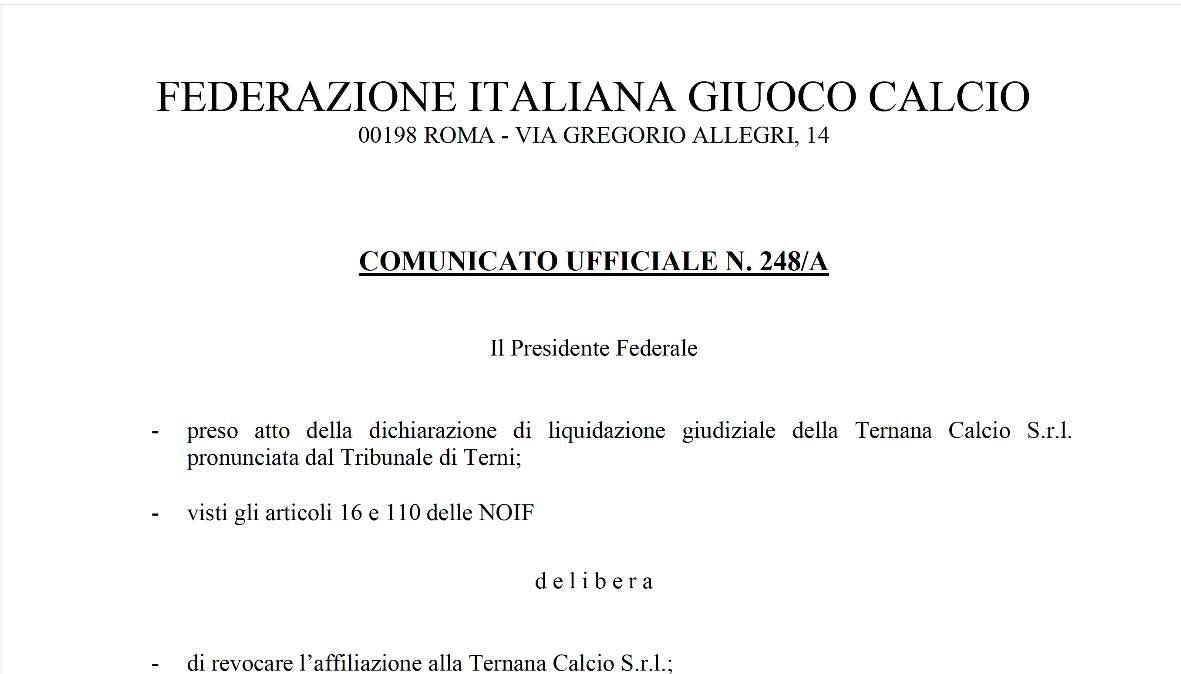 Revoca Ternana FIGC