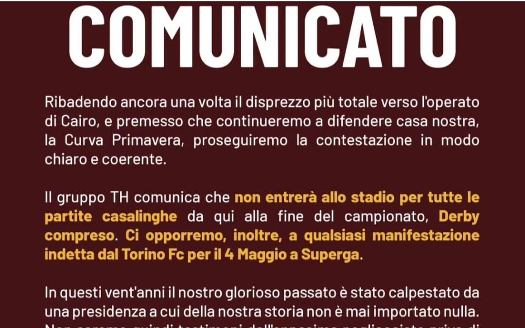 Il gruppo dei tifosi del Toro TH annuncia che continuerà ad oltranza a non entrare allo stadio anche nel derby