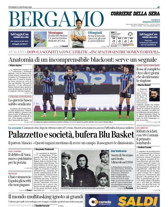 PRIMA PAGINA - Corriere di Bergamo: "Anatomia di un incomprensibile blackout: serve un segnale"