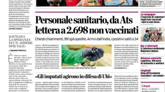 L'apertura de L'Eco di Bergamo: "Personale sanitario, da Ats lettera a 2.698 non vaccinati"