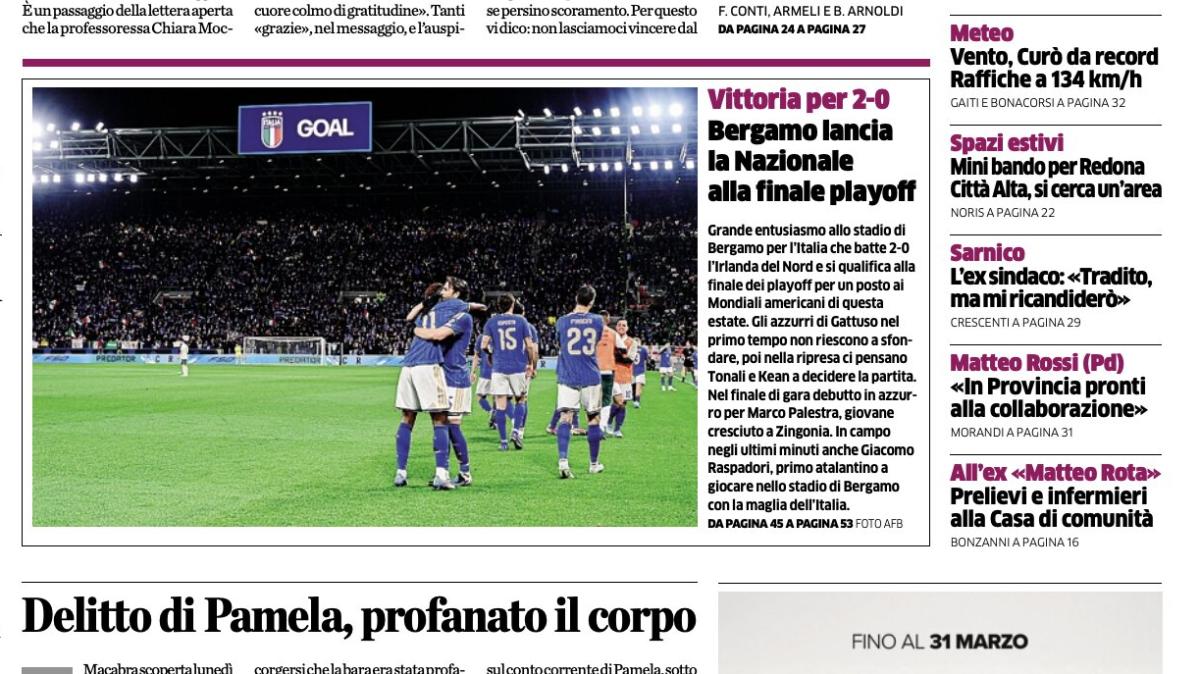 PRIMA PAGINA - L'Eco di Bergamo: "Il calcio in lutto, addio a Beppe Savoldi"