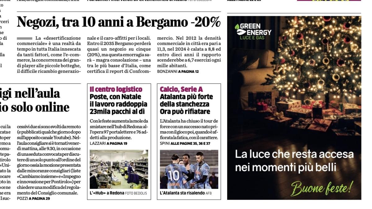 PRIMA PAGINA - L'Eco di Bergamo: "Atalanta più forte della stanchezza. Ora può rifiatare"