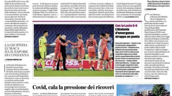 0-0 con la Lazio, L'Eco di Bergamo: "L'Atalanta d'emergenza strappa un punto"