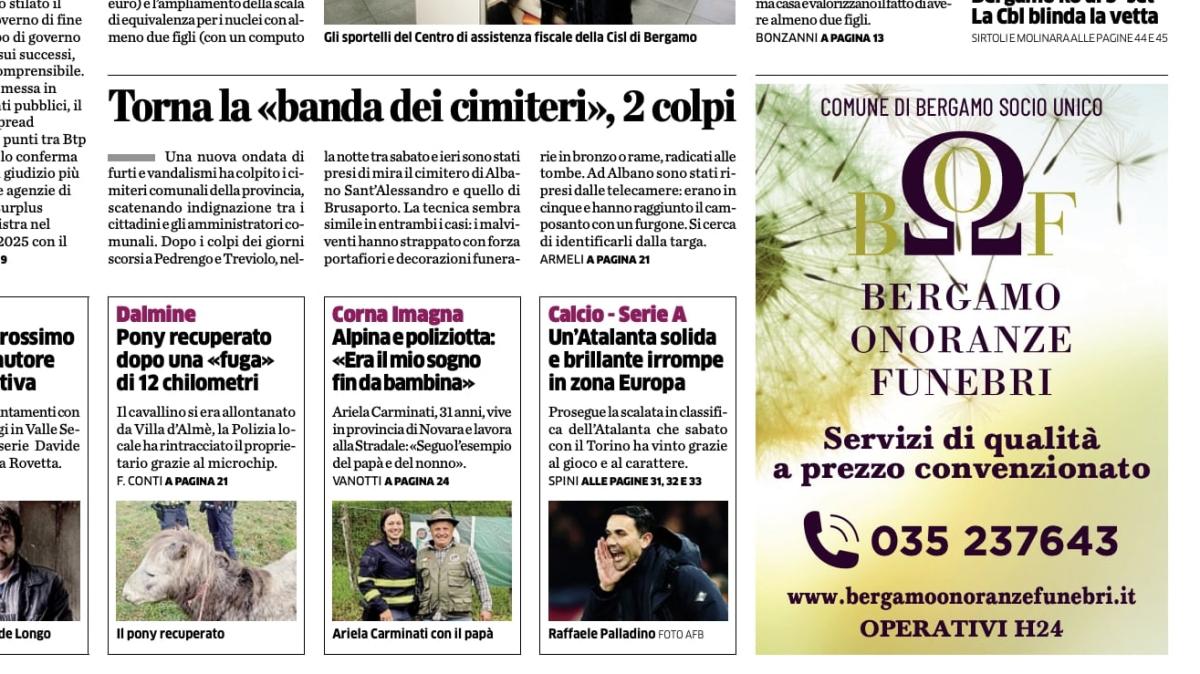 PRIMA PAGINA - L'Eco di Bergamo: "Un'Atalanta solida e brillante irrompe in zona Europa"