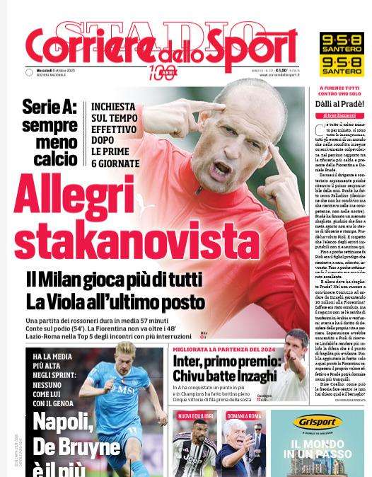 PRIMA PAGINA - Corriere dello Sport: "Allegri stakanovista"
