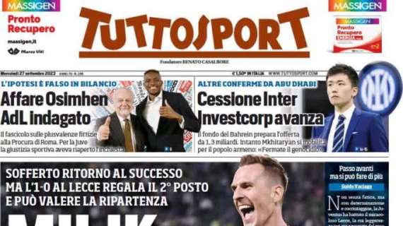 Tuttosport in prima pagina celebra la vittoria bianconera: "Milik stappa la Juve"