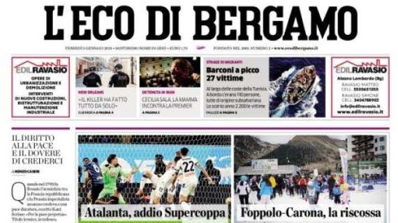 L'Eco di Bergamo in apertura: "Atalanta, addio Supercoppa". Ko contro l'Inter