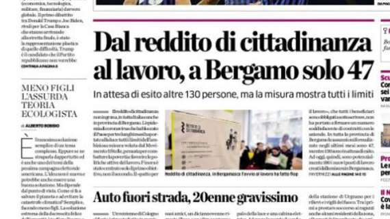 L'Eco di Bergamo: "Dal reddito di cittadinanza al lavoro, a Bergamo solo 47"