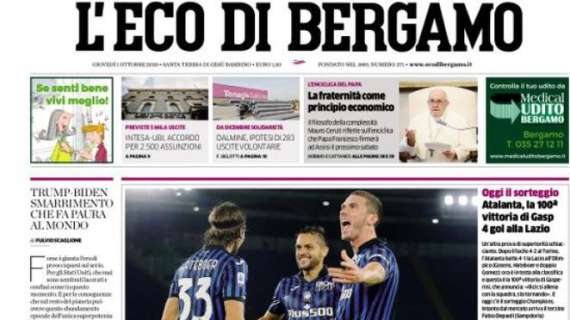 L'Eco di Bergamo sull'Atalanta: "Atalanta, la 100ª vittoria di Gasp: 4 gol alla Lazio"