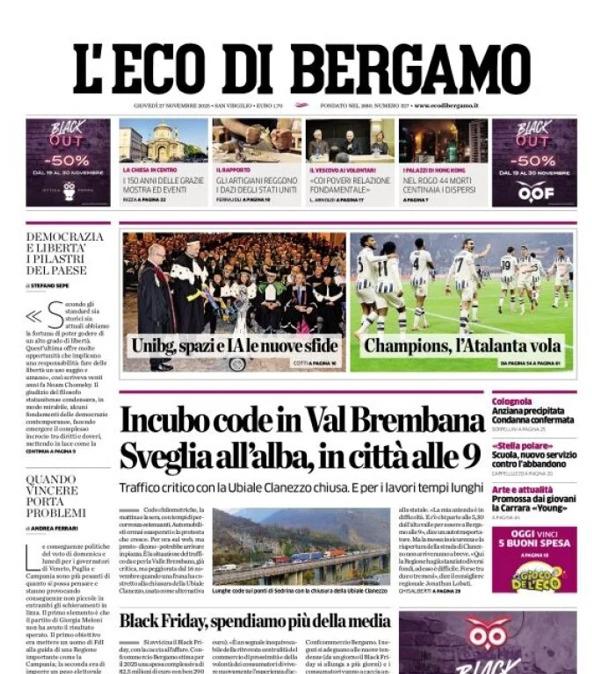 PRIMA PAGINA - L’Eco di Bergamo: "Champions, l'Atalanta vola"