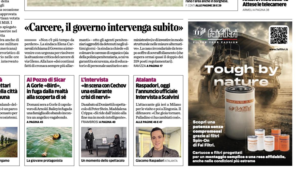 PRIMA PAGINA - L'Eco di Bergamo: "Raspadori, oggi l'annuncio ufficiale. Intervista a Scalvini"