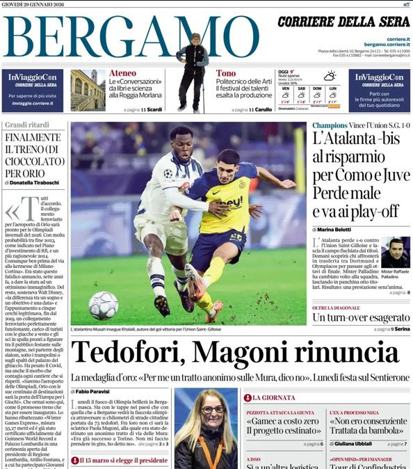 PRIMA PAGINA - Corriere di Bergamo: "L’Atalanta-bis al risparmio per Como e Juve. Perde male e va ai play-off"