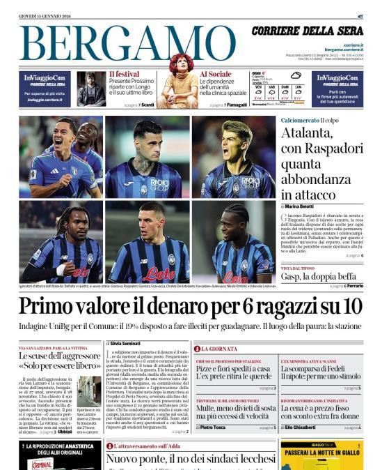 PRIMA PAGINA - Corriere di Bergamo: "Atalanta, con Raspadori quanta abbondanza in attacco"