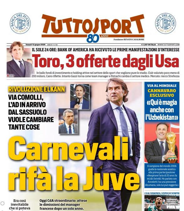 PRIMA PAGINA - Tuttosport: "Carnevali rifà la Juve"
