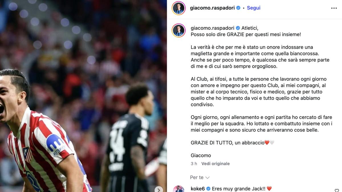 Raspadori, il congedo da signore: "Atletico, un onore aver indossato questa maglia"