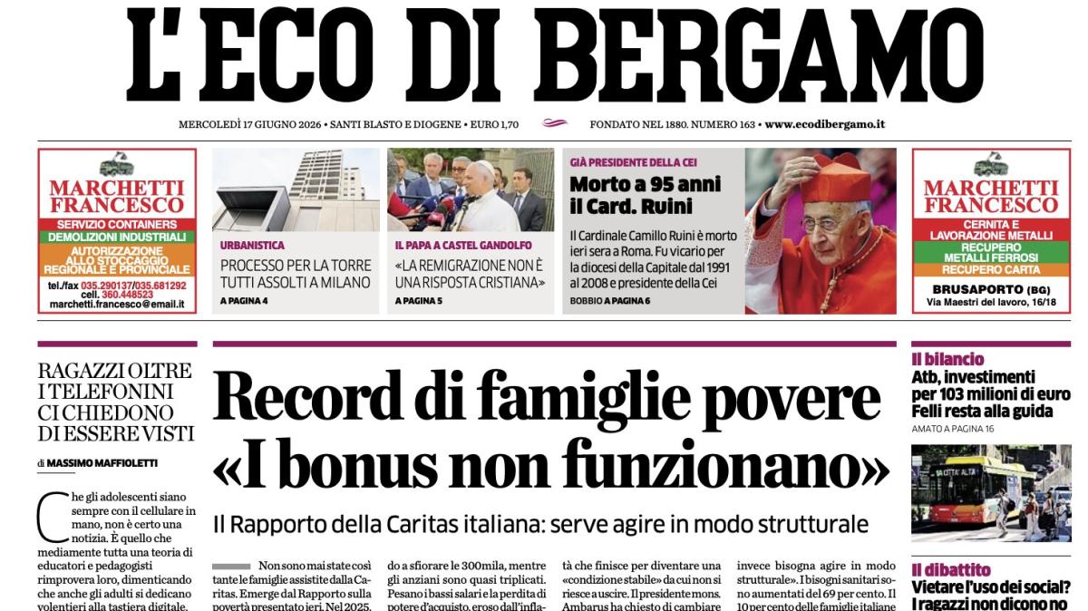 PRIMA PAGINA – L'Eco di Bergamo: "L'Atalanta di Sarri. La rivoluzione è a centrocampo"