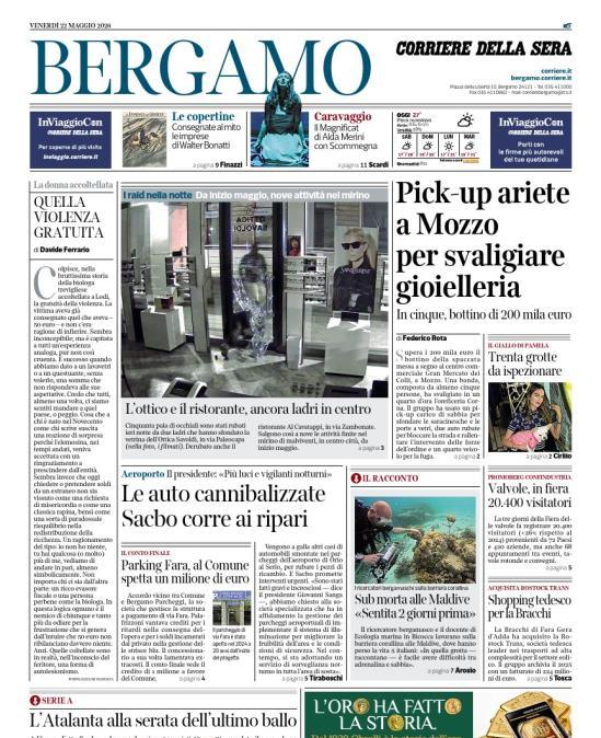 PRIMA PAGINA - Corriere di Bergamo: "L’Atalanta alla serata dell’ultimo ballo"