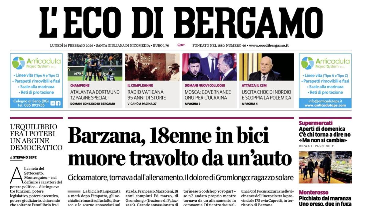 PRIMA PAGINA - L'Eco di Bergamo: "Borussia Dortmund-Atalanta, lo speciale..."