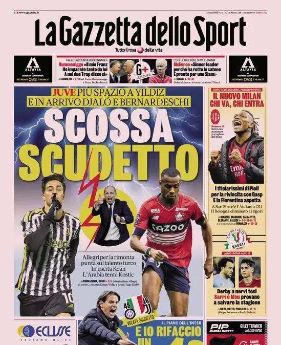 La prima pagina de La Gazzetta dello Sport apre sulla Juve: "Scossa scudetto"