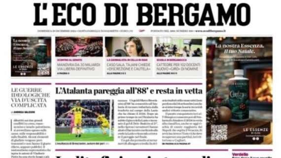 L'Eco di Bergamo in prima pagina: "L'Atalanta pareggia all'88' e resta in vetta"