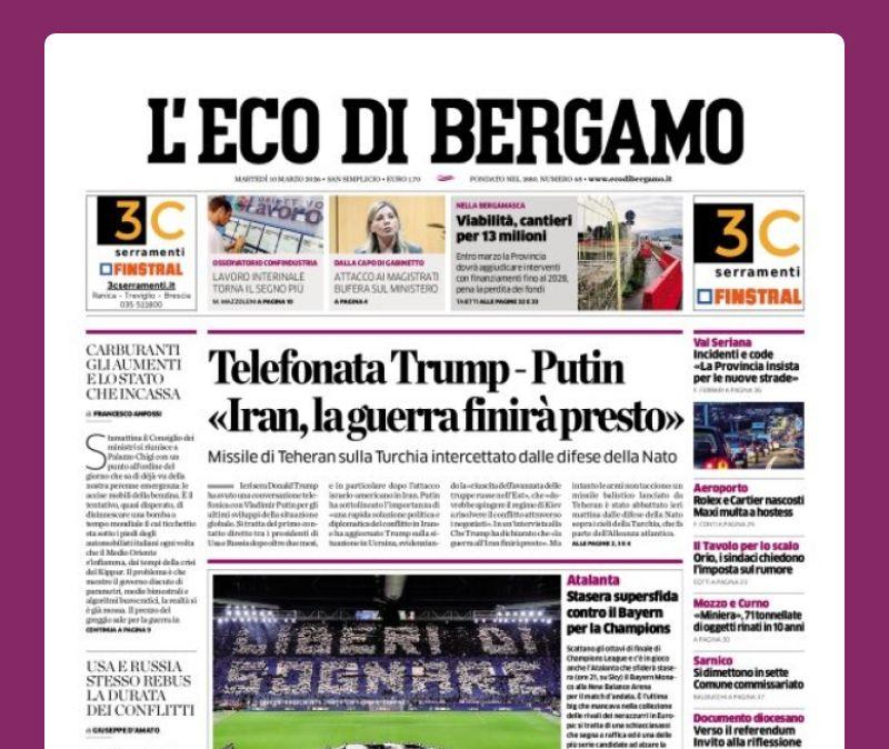 PRIMA PAGINA - L'Eco di Bergamo: "Stasera supersfida contro il Bayern per la Champions"