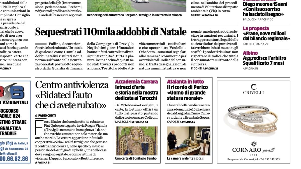 PRIMA PAGINA - L'Eco di Bergamo: "Il ricordo di Perico, uomo di grande statura morale"