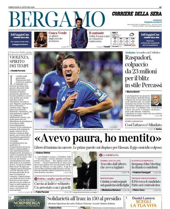PRIMA PAGINA - Corriere di Bergamo: "Raspadori, colpaccio da 23 milioni per il blitz in stile Percassi"