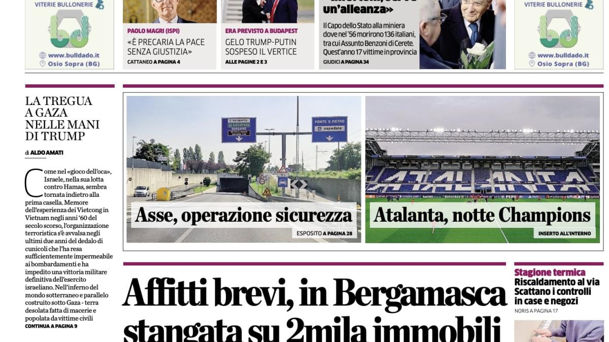 PRIMA PAGINA - L’Eco di Bergamo: "Atalanta, notte Champions"