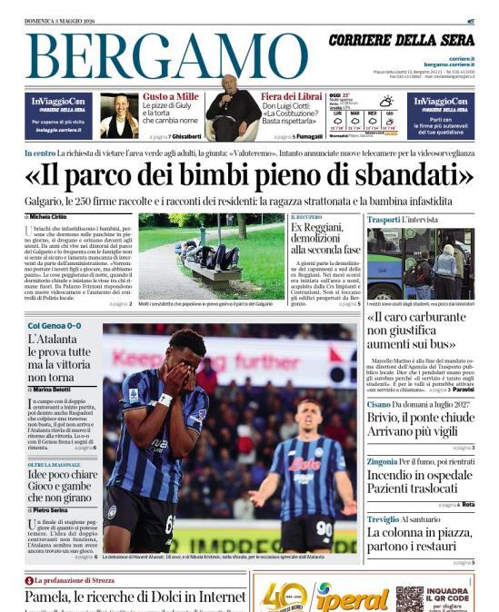 PRIMA PAGINA - Corriere di Bergamo: "L’Atalanta le prova tutte ma la vittoria non torna"