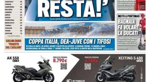 L'apertura di Tuttosport: "Coppa Italia, Atalanta-Juve con i tifosi"