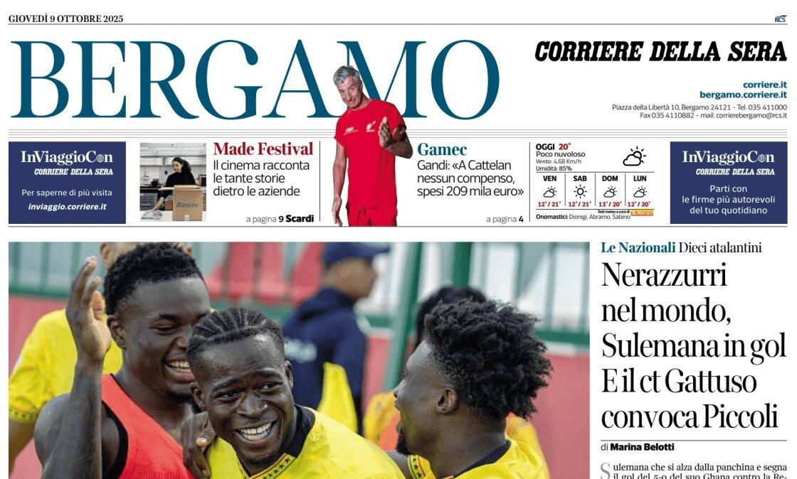 PRIMA PAGINA - Corriere di Bergamo: "Nerazzurri nel mondo, Sulemana in gol. E il ct Gattuso convoca Piccoli"