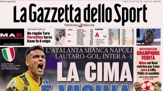 La Gazzetta dello Sport in apertura dopo Inter-Venezia 1-0: "La cima è vicina"