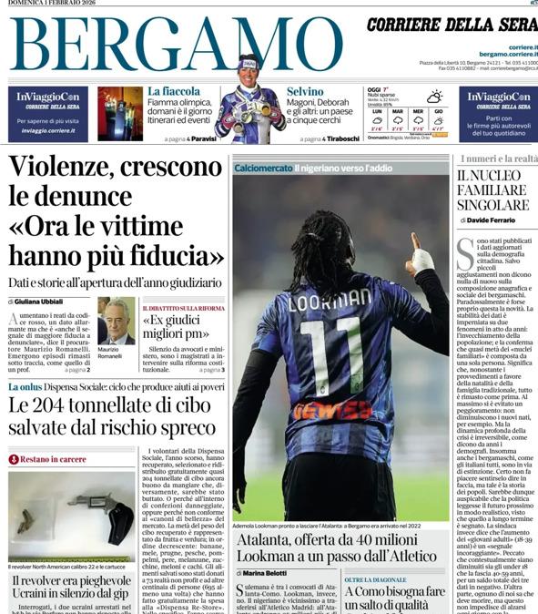 PRIMA PAGINA - Corriere di Bergamo: Atalanta, offerta da 40 milioni Lookman a un passo dall’Atletico