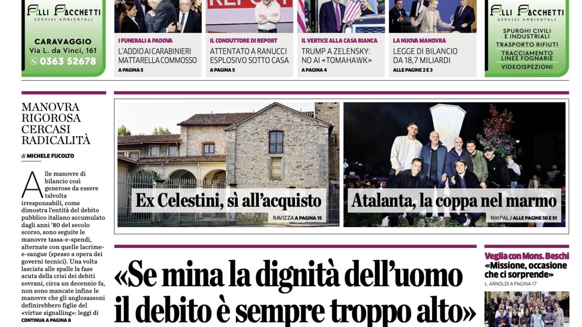 PRIMA PAGINA - L’Eco di Bergamo: "Atalanta, la coppa nel marmo"