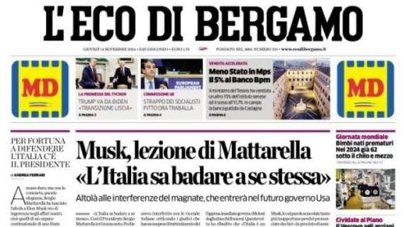 L'Eco di Bergamo apre: "L'Atalanta vola con gli infaticabili sempre in campo"