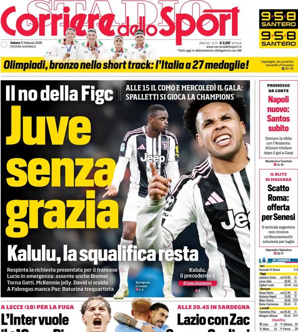 PRIMA PAGINA - Corriere dello Sport: "Juve senza grazia"
