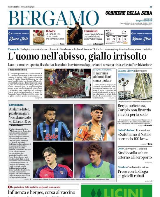 PRIMA PAGINA - Corriere di Bergamo: "Atalanta-Inter, più di una gara Voci di mercato su Ederson & co"