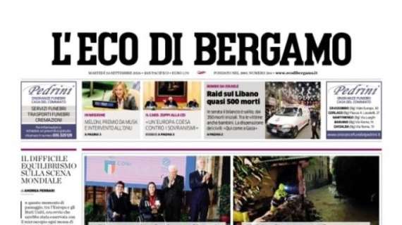 L'Eco di Bergamo in prima pagina: "Atalanta-Como sotto il diluvio, stasera si riprova"