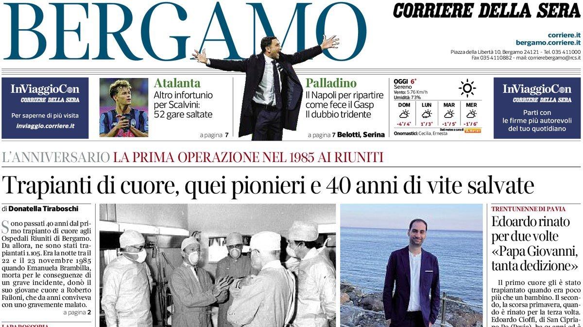 PRIMA PAGINA - Corriere di Bergamo: Palladino, Il Napoli per ripartire come fece il Gasp. Il dubbio tridente