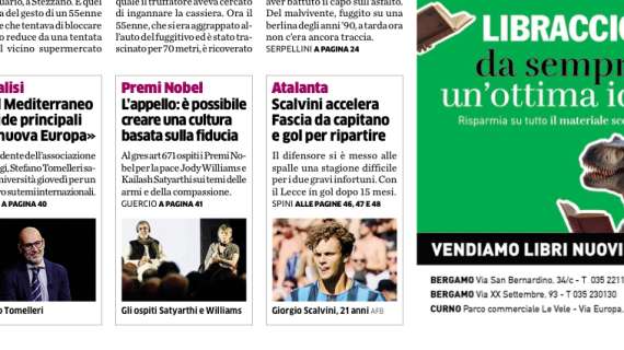 PRIMA PAGINA - L’Eco di Bergamo: "Scalvini accelera: fascia da capitano e gol per ripartire"