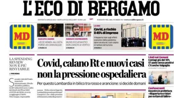 L'apertura de L'Eco di Bergamo: "Covid, calano Rt e nuovi casi non la pressione ospedaliera"