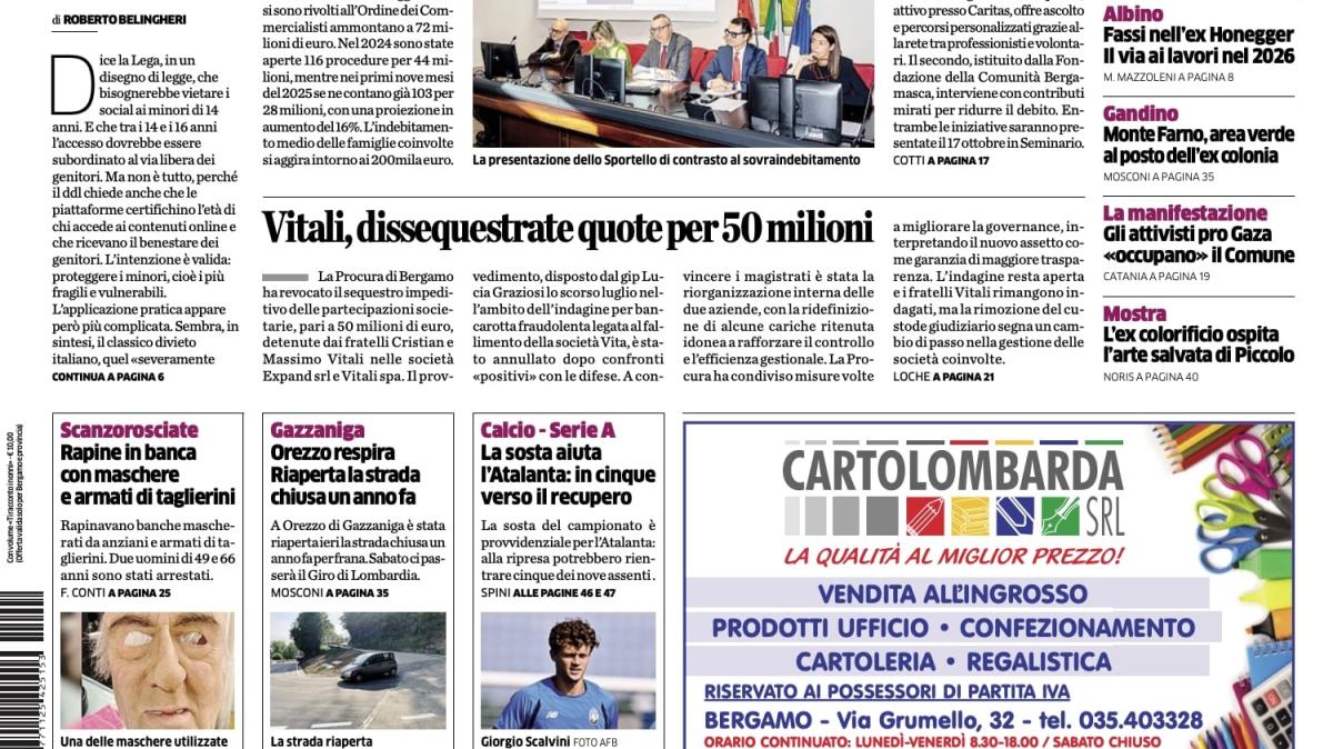 PRIMA PAGINA - L’Eco di Bergamo: "Atalanta, in cinque verso il recupero"