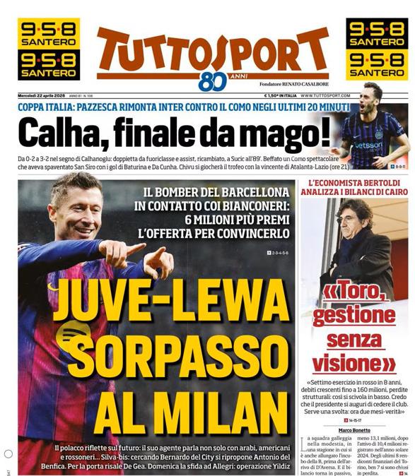PRIMA PAGINA - TuttoSport: "Juve-Lewa sorpasso al Milan"