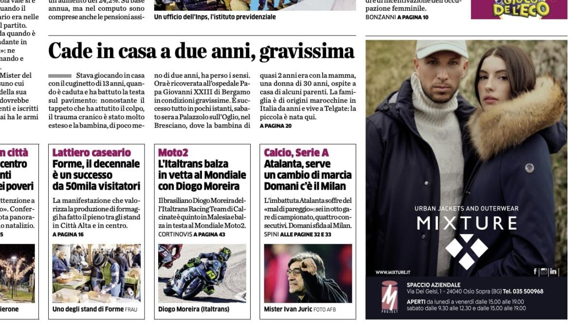 PRIMA PAGINA - L’Eco di Bergamo: "Atalanta, serve un cambio di marcia. Domani c’è il Milan"