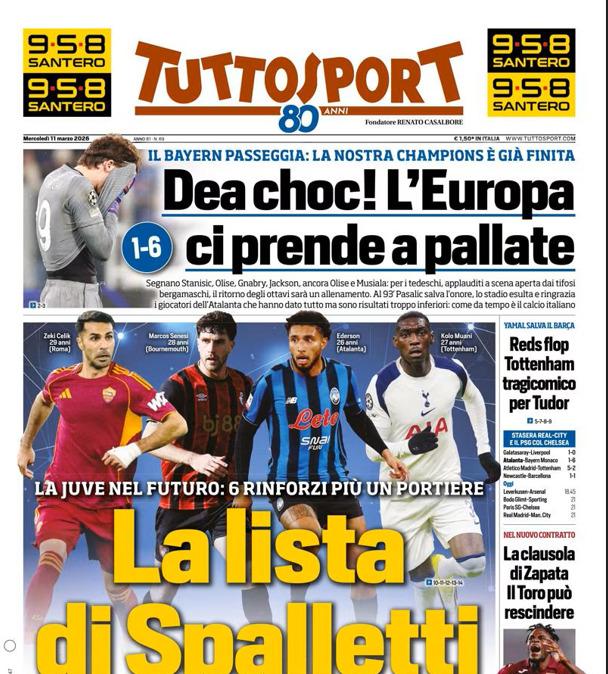 PRIMA PAGINA - TuttoSport: "Dea choc! L’Europa ci prende a pallate"